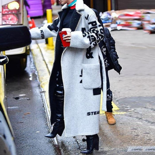 Women's fashionable long printed woolen coat