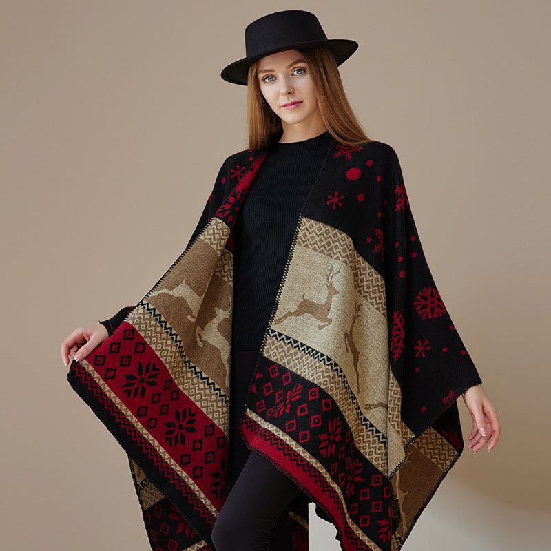 Ethnic style shawl, women's outfit, double-sided imitation cashmere scarf, blanket cape, autumn and winter Christmas day cape, thickened