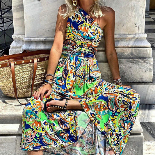 Fd293 Printed One Shoulder Sleeve Bohemian Long Dress