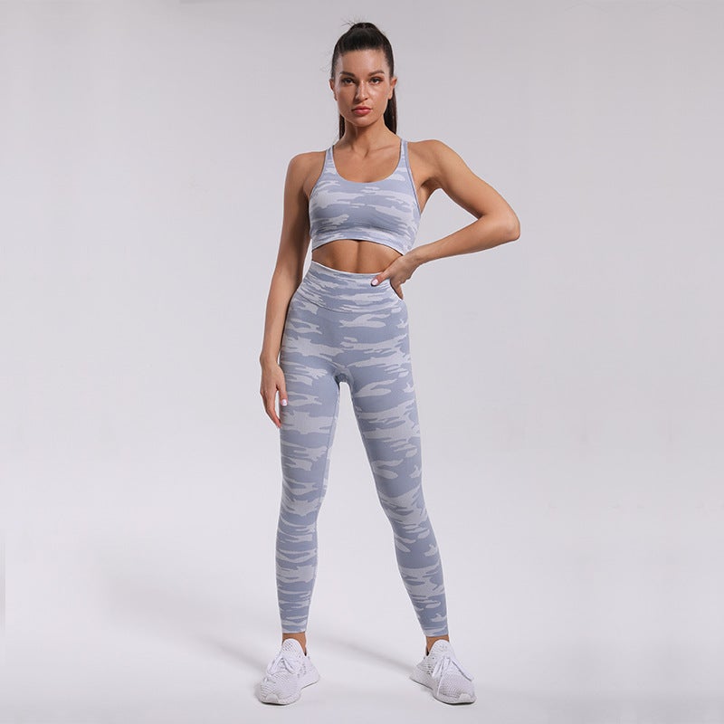 Seamless knitted camouflage yoga wear women's sports bra beauty back sweat-absorbent running pants suit