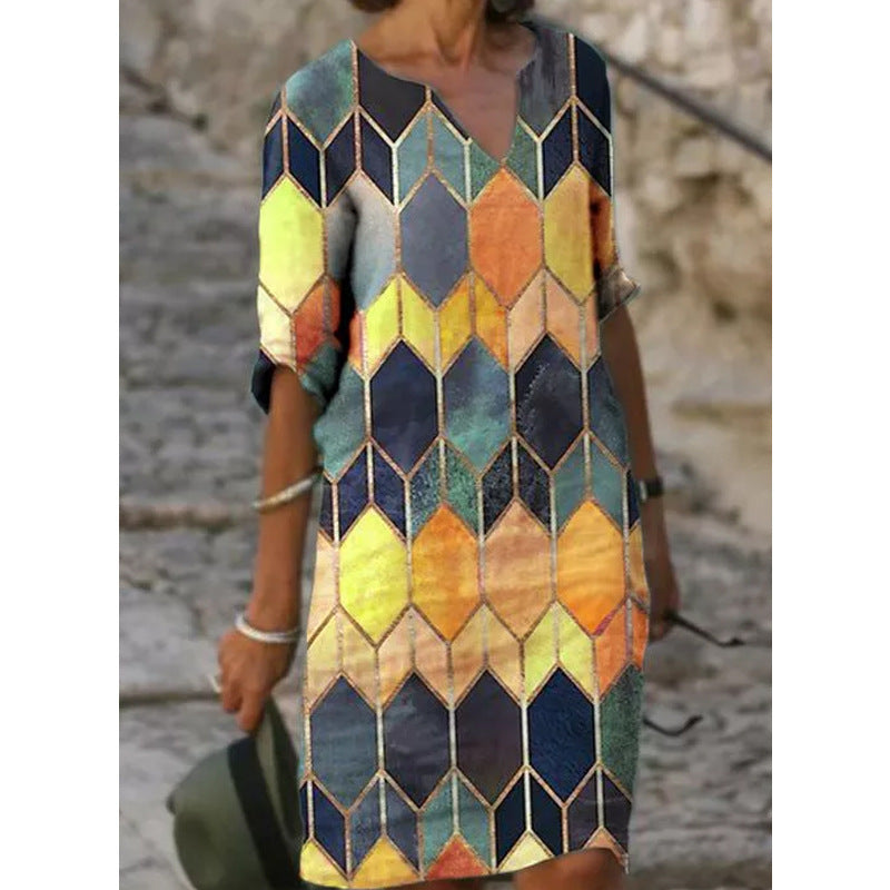 Women's Explosions Casual Geometric V-neck A-shaped Multicolor Printed Dress Half Length Sleeves Plus Size