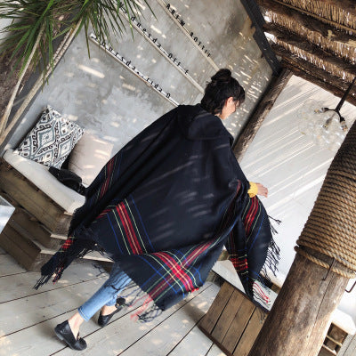Thickened Warm Hooded Split Cloak Shawl