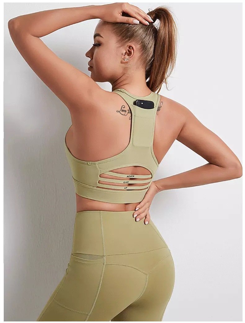 Sports bra back pocket shock absorption sexy bar stitching mesh sports jacket yoga top