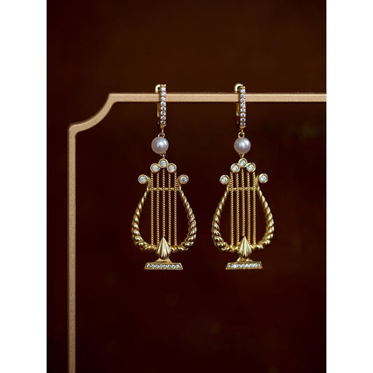 "Classical Harp" Original design retro minority imitation pearl earrings
