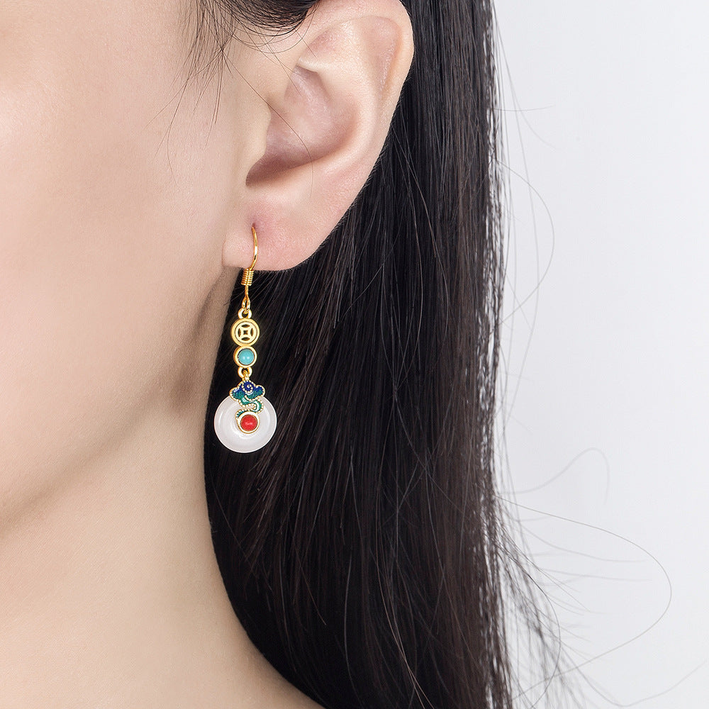 Ping An Buckle Temperament Earrings Long Retro Style Copper Coins Earrings