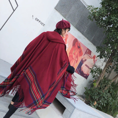 Thickened Warm Hooded Split Cloak Shawl