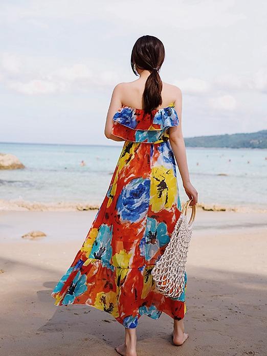 Vacation Summer Chiffon Slim Tube Top Bohemian Dress