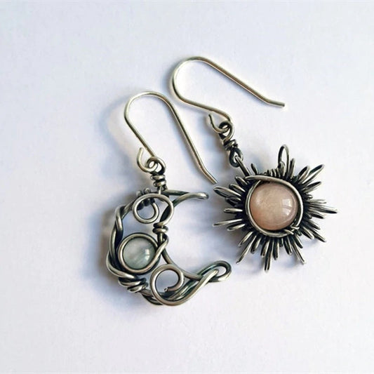 Bohemian retro Sun Moon Earrings Moonstone asymmetric Sun Moon Earrings