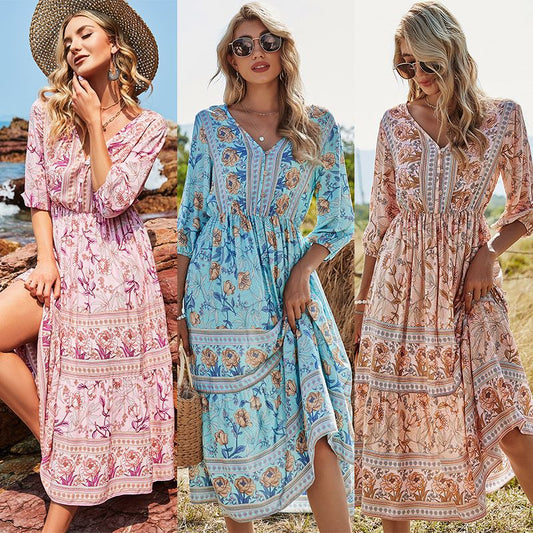 Women's V-neck high-waisted bohemian dress women's mid-length a-line dress