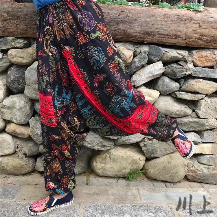 Ethnic style summer men's and women's same large crotch pants cotton and linen printed casual lantern trousers