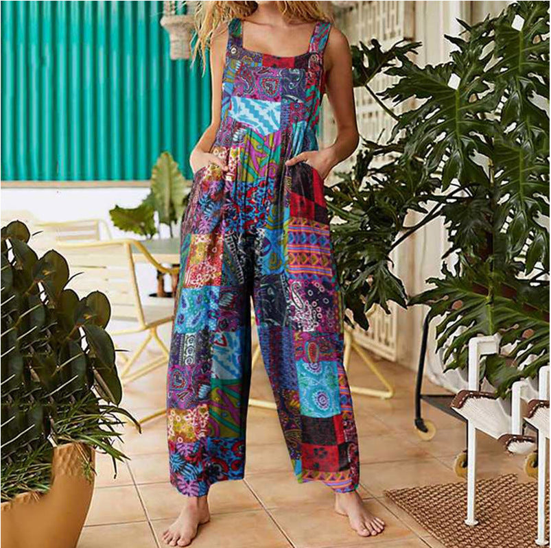 Women's loose print side pocket strap jumpsuit