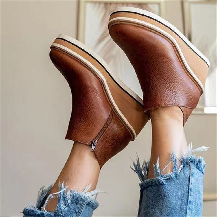 New autumn viscose shoes casual round head thick heel spot solid color low help British solid color fashion boots.