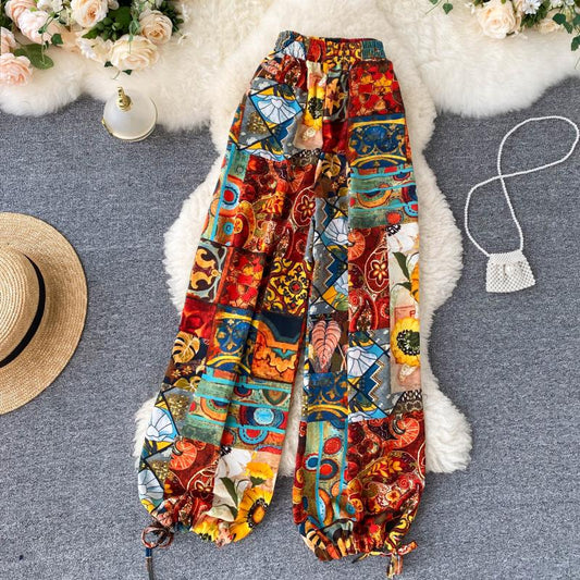 Bohemian retro ethnic print wide-leg pants women's high-waist all-match holiday lantern pants