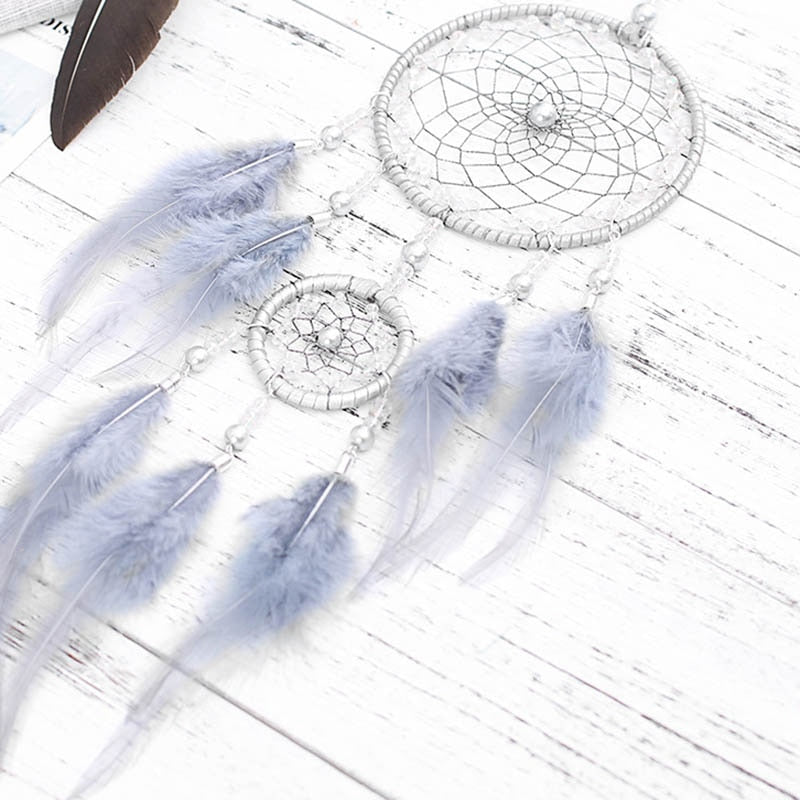 Original silver gray dream catcher 2 ring Indian feather hanging art gifts to bestie friends creative valentine's day gifts