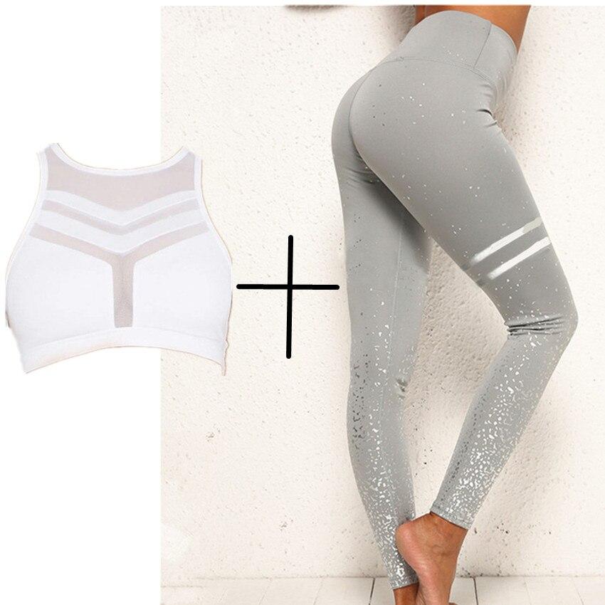 Pad Hot stamping Two Piece Suit Women Patchwork Yoga Set Sport Fitness Women Pants Leggings Push Up Yoga Pants Summer Sportswear