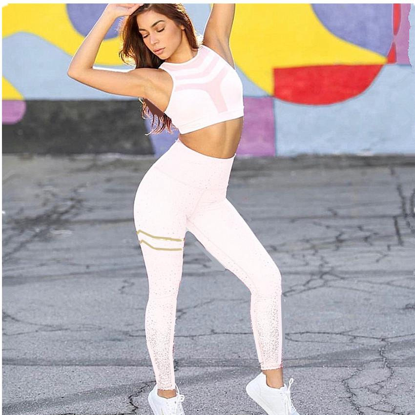 Pad Hot stamping Two Piece Suit Women Patchwork Yoga Set Sport Fitness Women Pants Leggings Push Up Yoga Pants Summer Sportswear