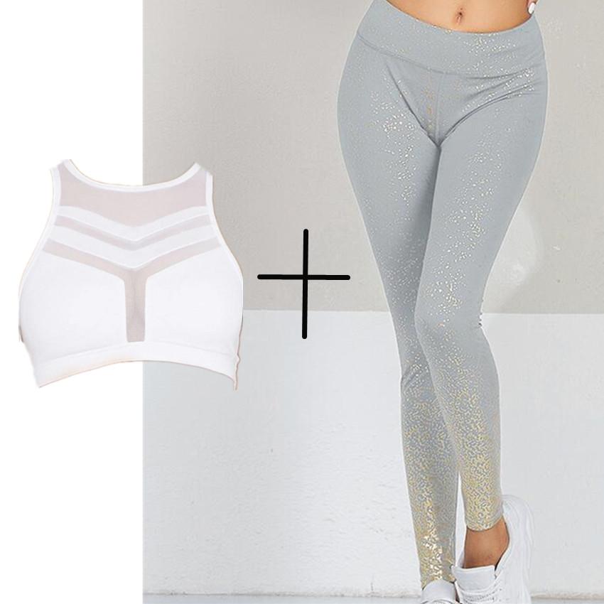 Pad Hot stamping Two Piece Suit Women Patchwork Yoga Set Sport Fitness Women Pants Leggings Push Up Yoga Pants Summer Sportswear