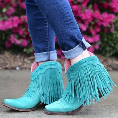 Women Slip On Retro Square Heel Solid Color Suede Boots Point Toe Tassel Shoes