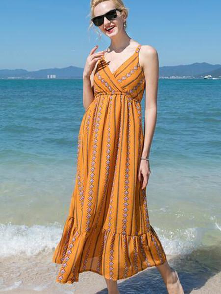 Fashion Yellow Bohemia Spaghetti Straps Maxi Dress