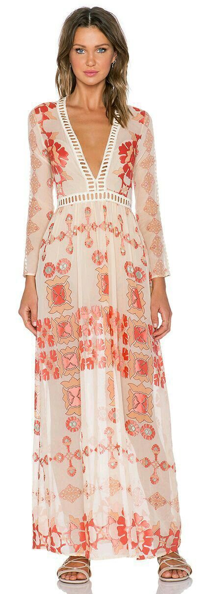 2018 Lace Stitch Bohemian Long Sleeve V-neck Floral Long Dress