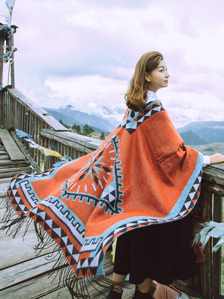 Oversized Autumn Ethnic Style Geometry Pattern Tassel Fringe Poncho Cape