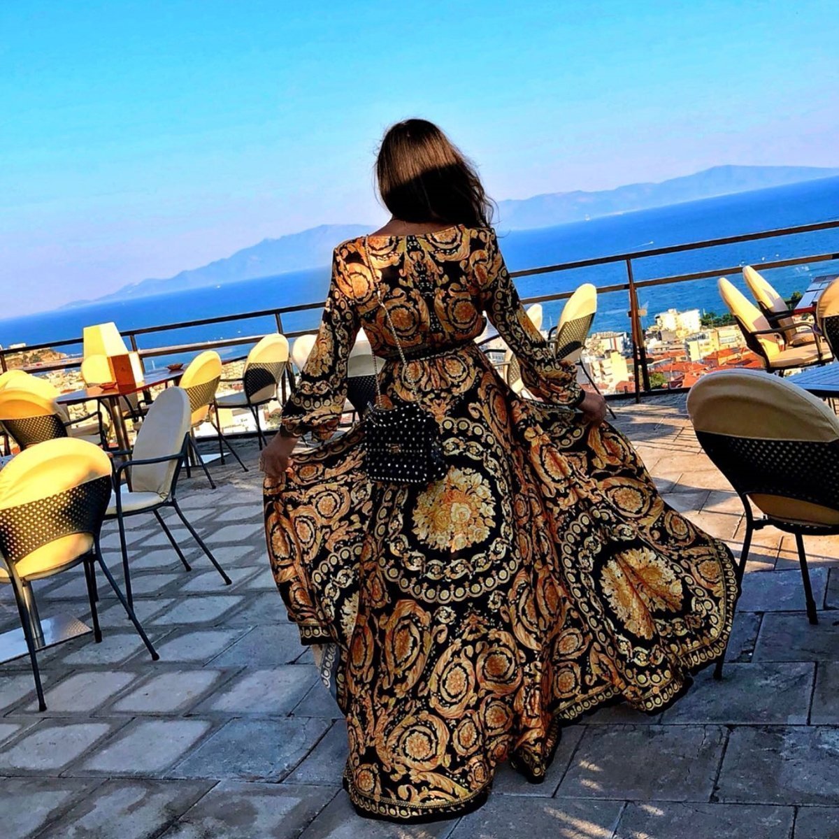 Early Autumn Long Sleeve V-Neck Print Maxi Dress