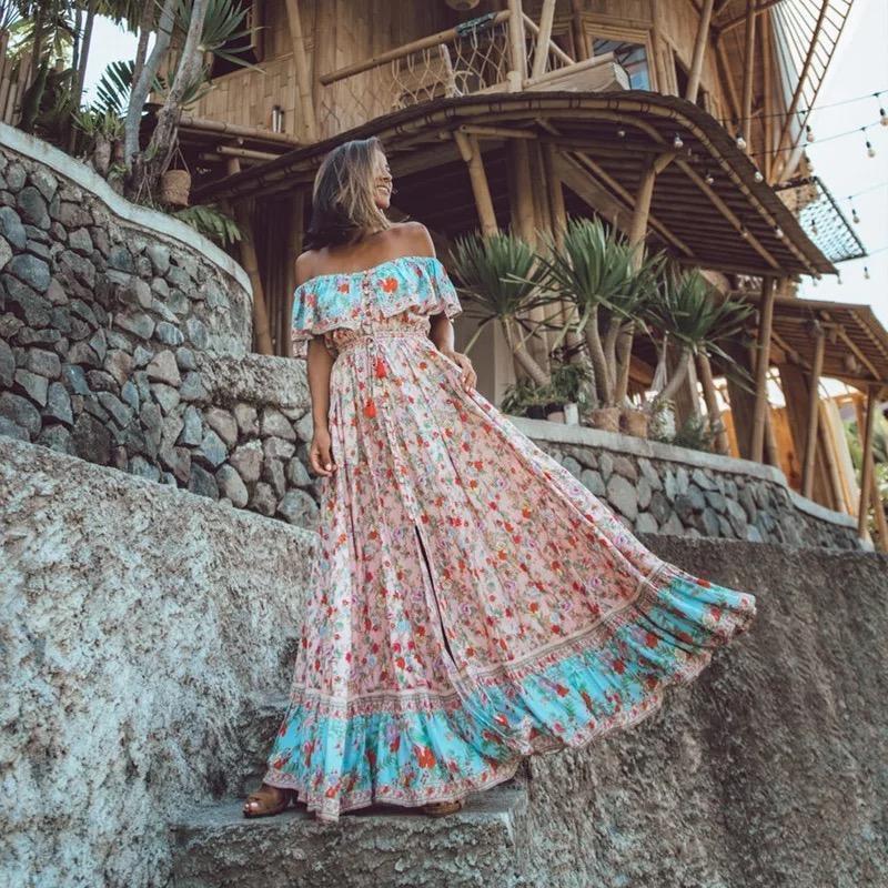 Off-the-shoulder Bohemia Maxi Chiffon Floral Print Dress Beach Style Vacation Dress