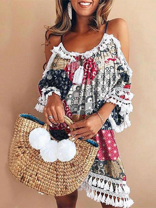 Elegant Dress Women Off Shoulder Dress Tassel Bohemia Printed Cocktail Party Beach Dresses