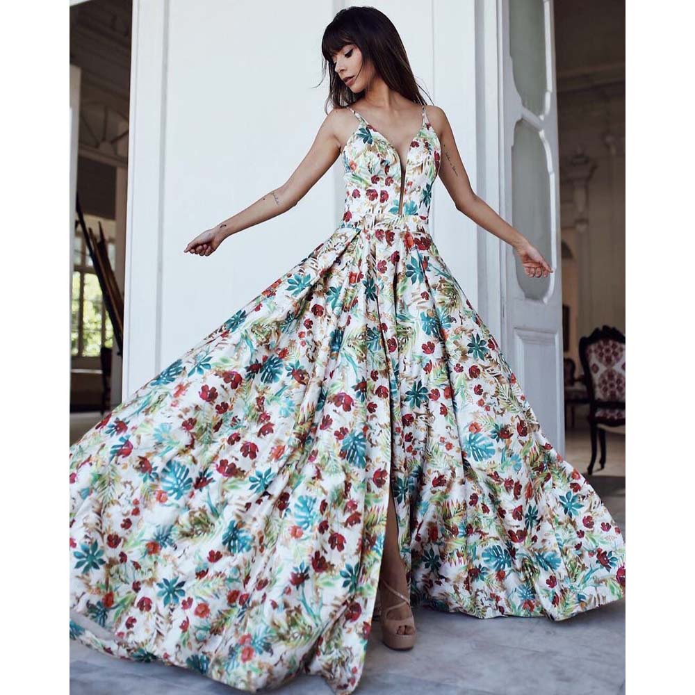 Sexy Deep Floral Printed Bohemian Maxi Evening Party Dresses