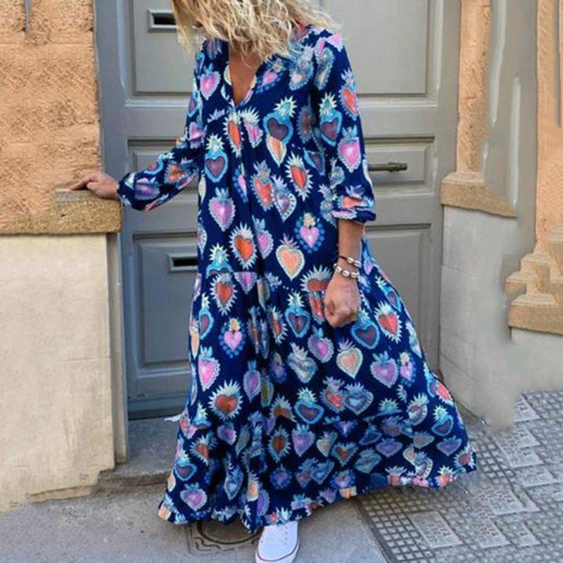 Red Sweet Boho Elegant Plus Size 5XL Party Summer Women Long Dresses Casual Heart Print Vintage Female Chic Retro Maxi Dress