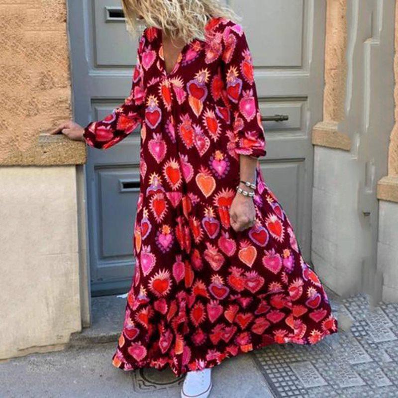 Red Sweet Boho Elegant Plus Size 5XL Party Summer Women Long Dresses Casual Heart Print Vintage Female Chic Retro Maxi Dress