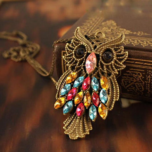 Retro Colorful Rhinestone Bronze Owl Pendant Necklace Long Chain Jewelry