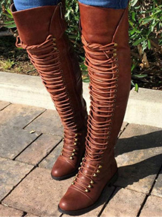 Winter Low Heel Solid Color Lace Up Riding Boots