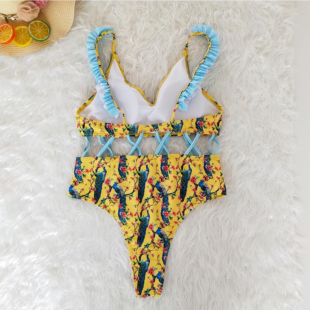 Waist Hollow Ruffled Strap Print Ins Style One Piece Swimsuit