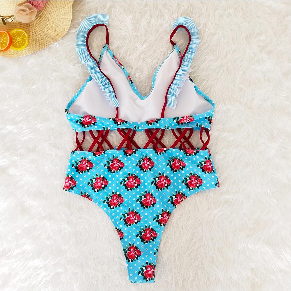 Waist Hollow Ruffled Strap Print Ins Style One Piece Swimsuit