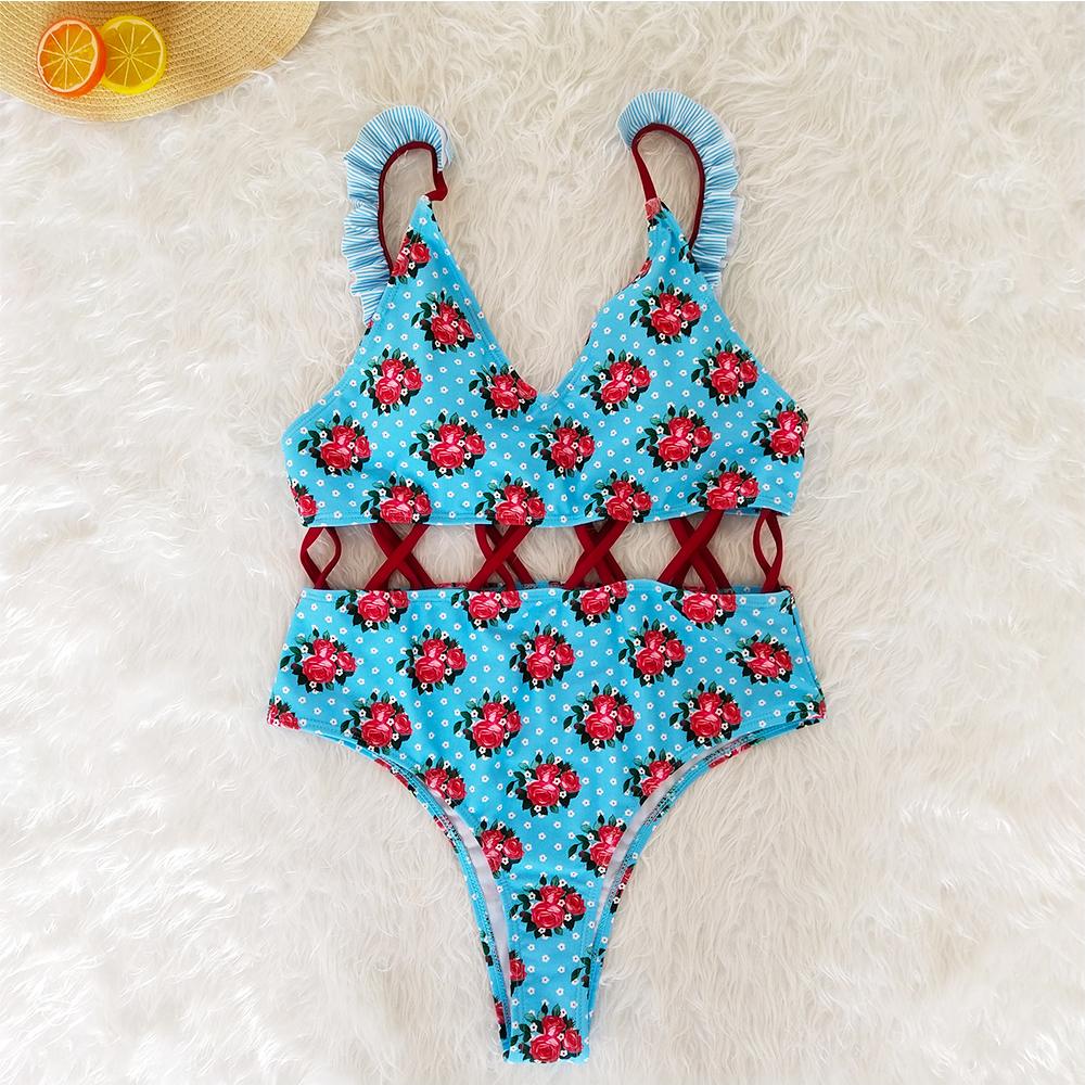 Waist Hollow Ruffled Strap Print Ins Style One Piece Swimsuit