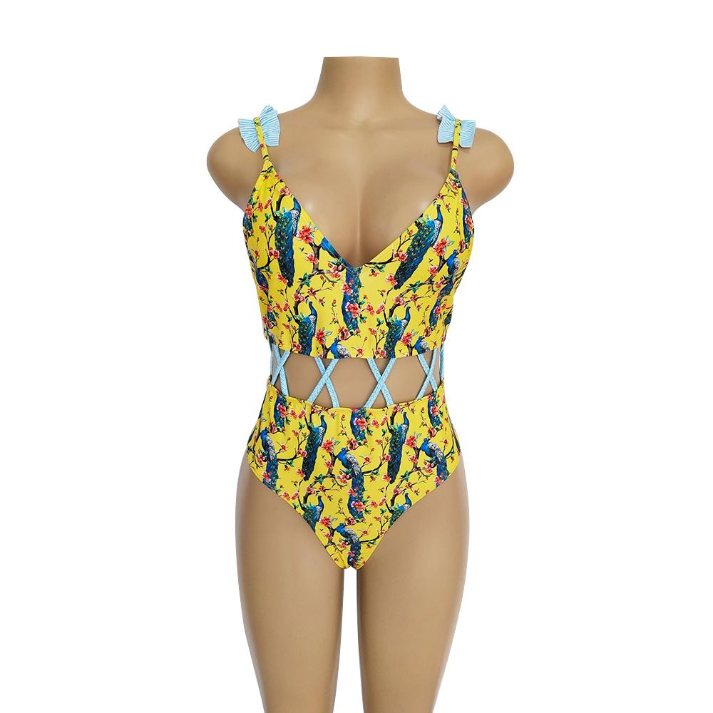 Waist Hollow Ruffled Strap Print Ins Style One Piece Swimsuit