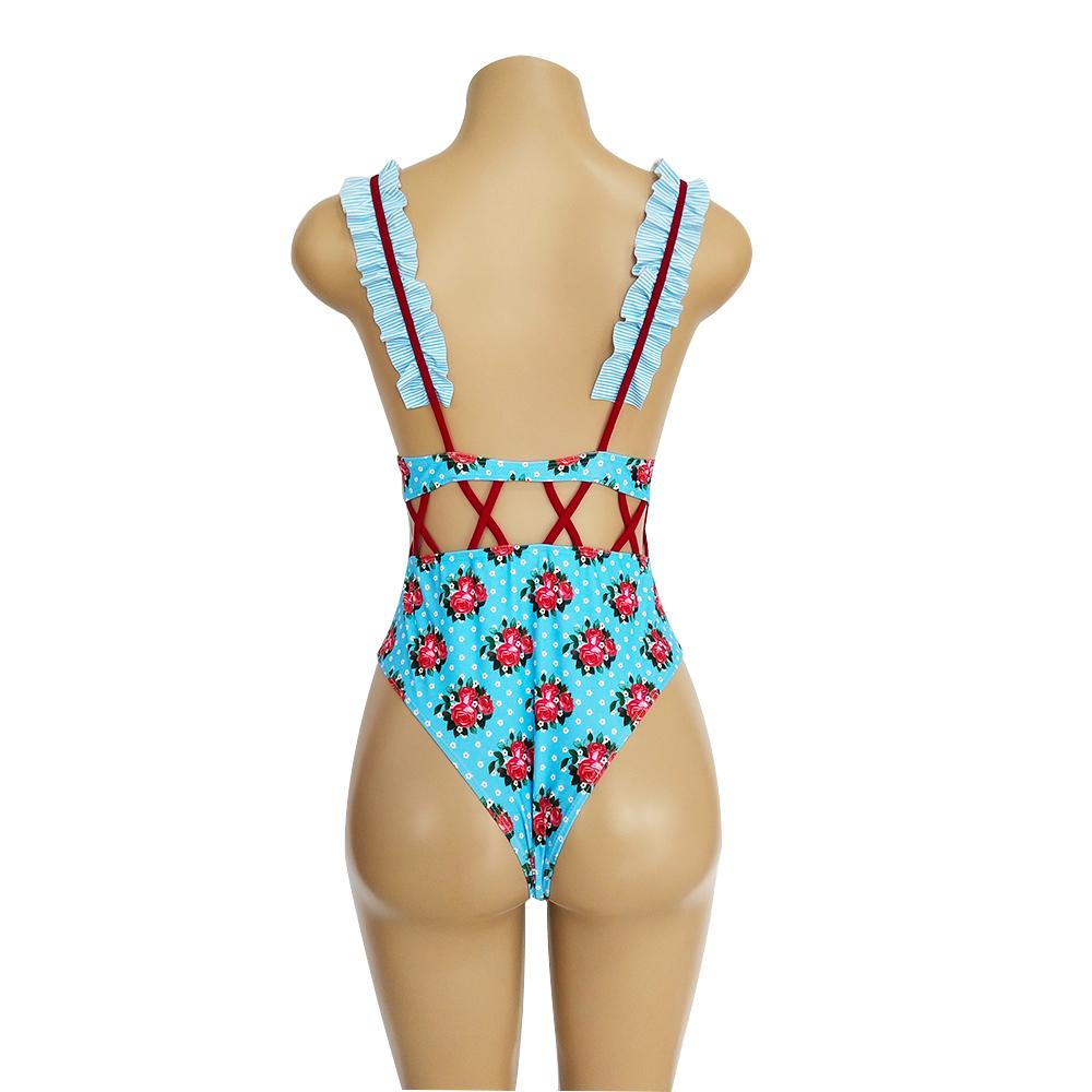 Waist Hollow Ruffled Strap Print Ins Style One Piece Swimsuit