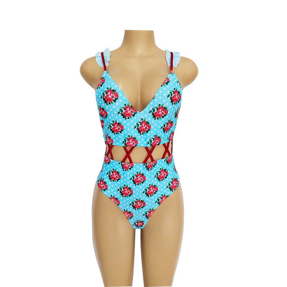 Waist Hollow Ruffled Strap Print Ins Style One Piece Swimsuit