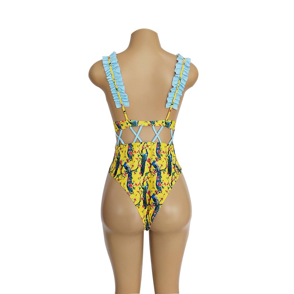 Waist Hollow Ruffled Strap Print Ins Style One Piece Swimsuit