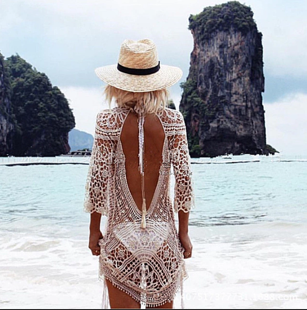 Sexy Openwork Lace Crocheted Halter Dress Sun Protection Bikini Blouse