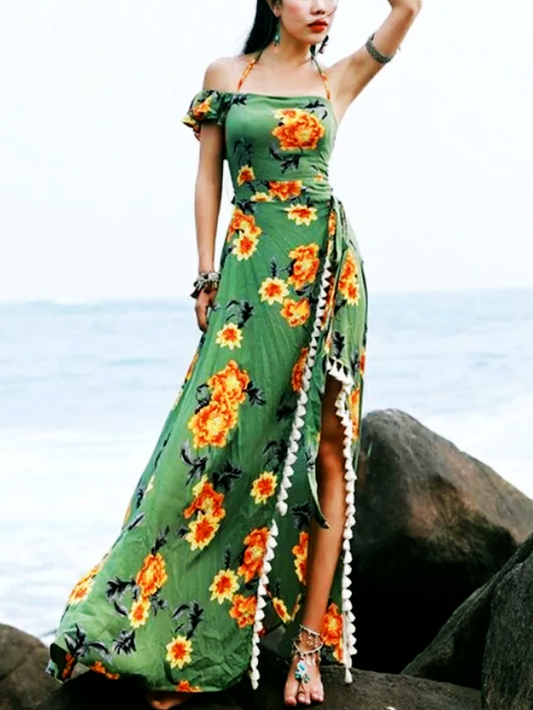 Bohemian Beach Long Skirt with Split Irregular Seaside Halter Strap Print Dress