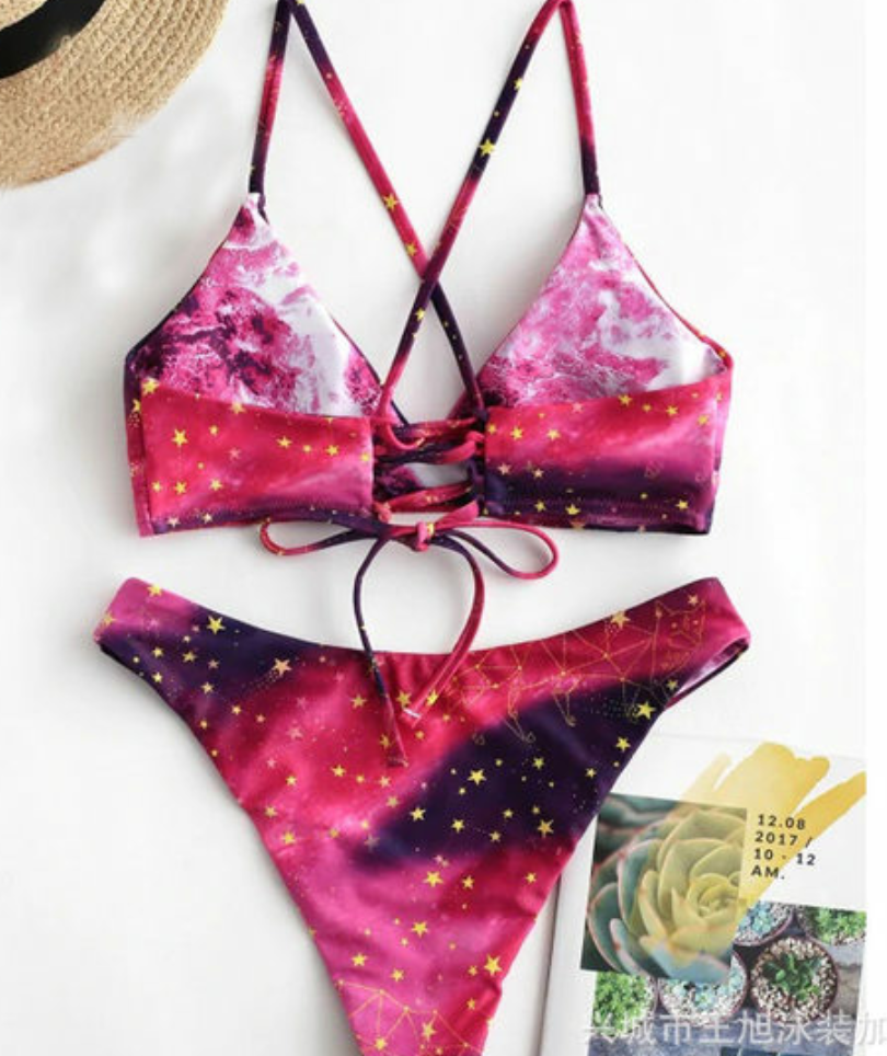 Sexy Suspenders Hanging Neck Print Split Bikini