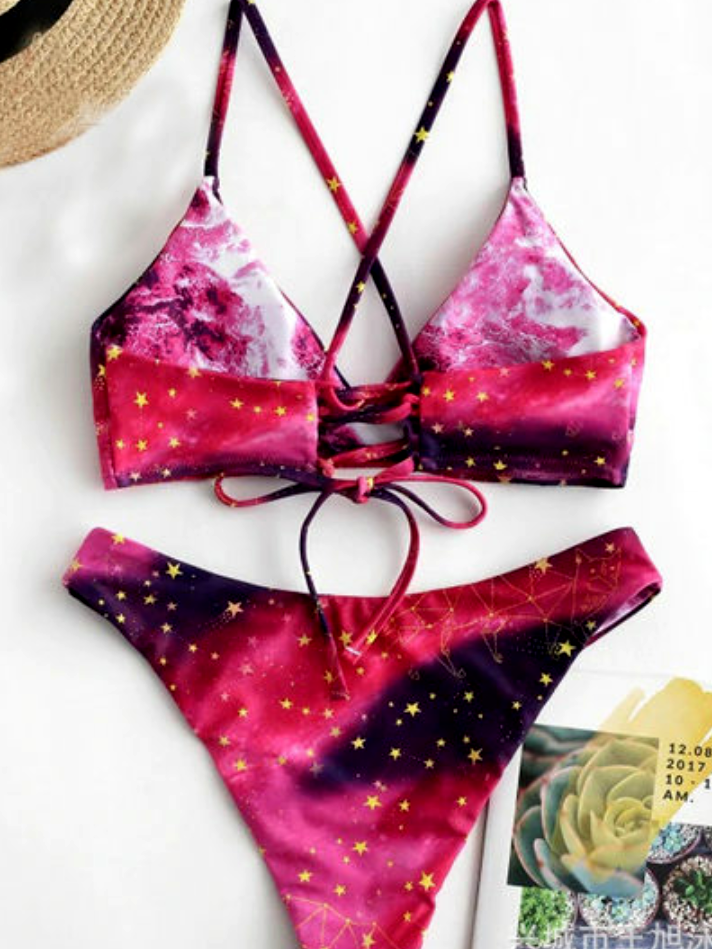 Sexy Suspenders Hanging Neck Print Split Bikini