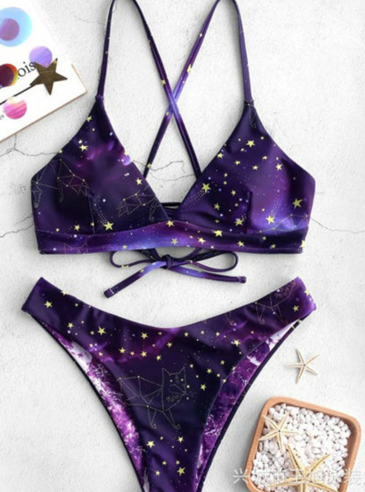 Sexy Suspenders Hanging Neck Print Split Bikini