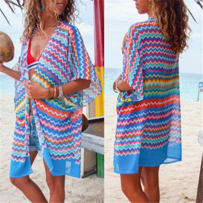 Sexy Women Chiffon Beach Dress Bathing Open Cardigan Bikini Cover Up Leaves Printed Beachwear Dress