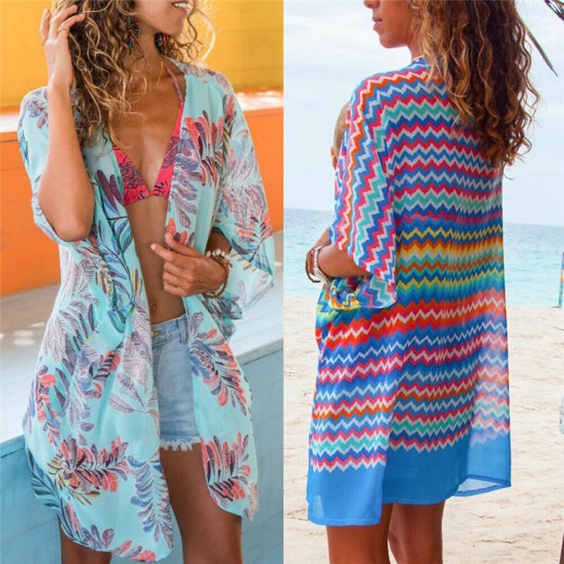 Sexy Women Chiffon Beach Dress Bathing Open Cardigan Bikini Cover Up Leaves Printed Beachwear Dress