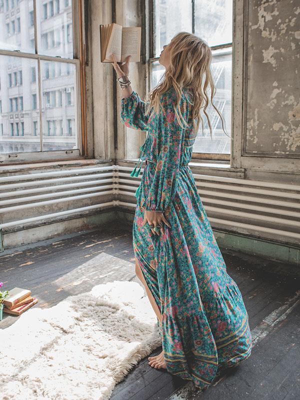 Floral Split-front Puff Sleeves Bohemia Maxi Dress