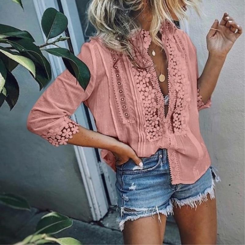 Casual Solid Color Cotton Lace Patchwork Blouses Tops