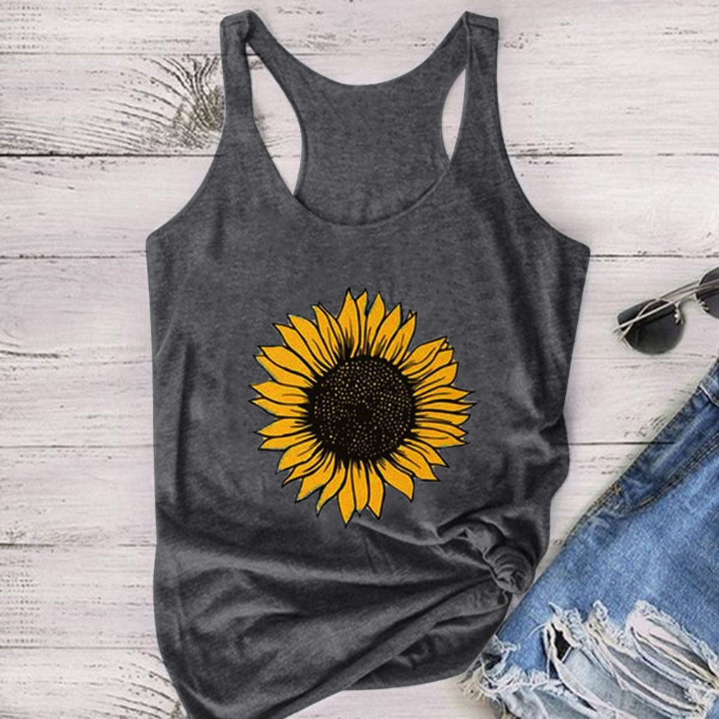 Sunflower Print Women Sleeveless O-neck Tank Tops